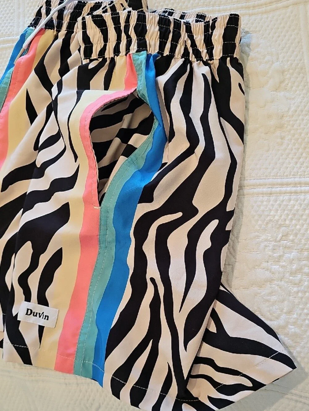 Men's Zebra Print Swim Trunks with Color Stripe Accent - Black & White